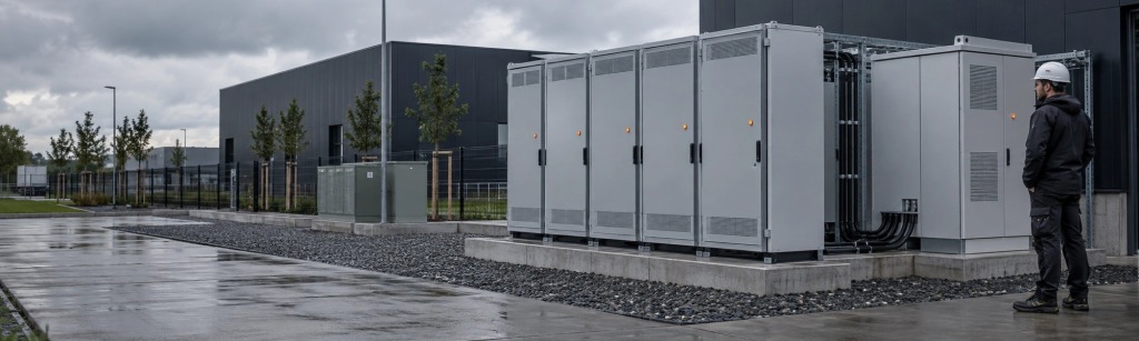 Technicus bij batterijopslag en omvormerkasten