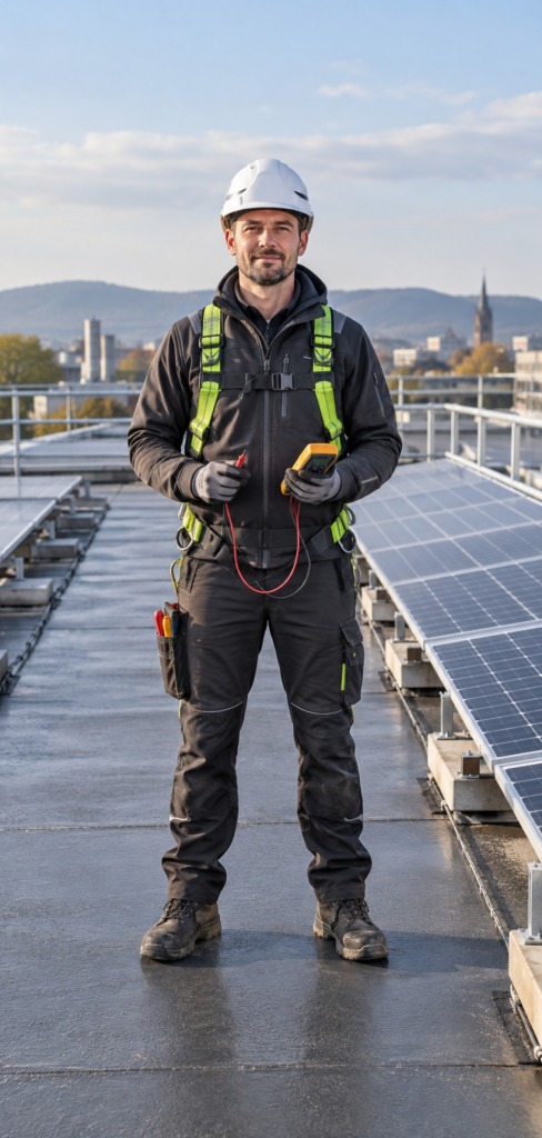 Zonnepanelenmonteur met meetapparatuur op een bedrijfsdak
