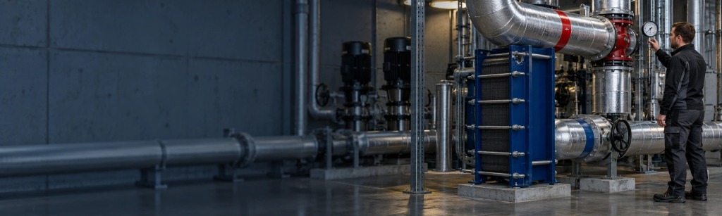 Technicus bij pompen en warmtewisselaar van een warmtenet