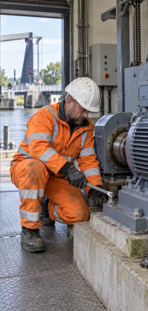 Monteur onderhoudt de aandrijving van een brug met handgereedschap