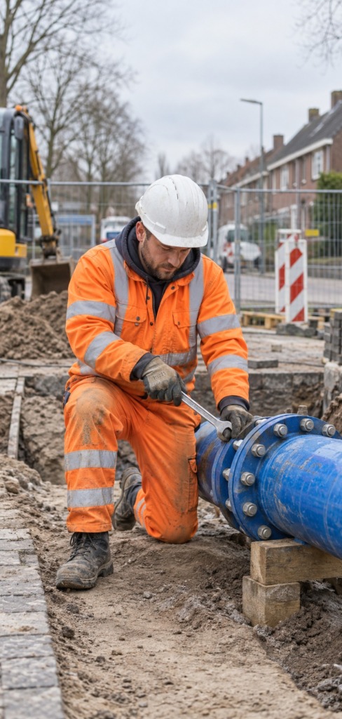 Leidingmonteur werkt met handgereedschap aan een waterleidingverbinding