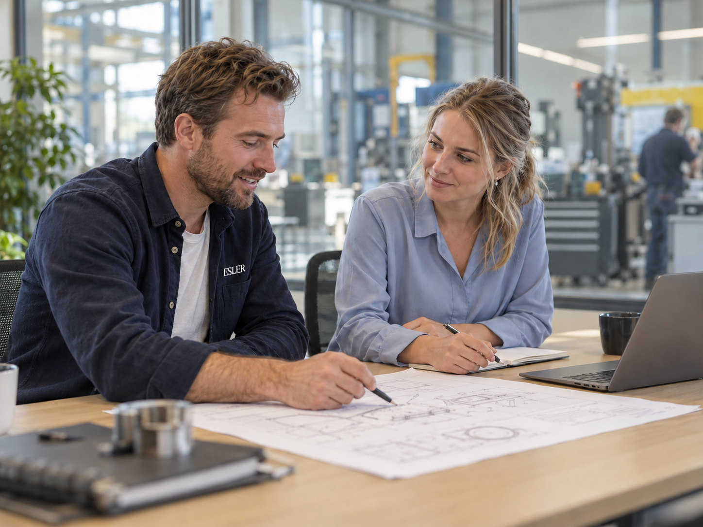 Twee professionals bespreken een technische tekening in een kantoor naast de werkvloer, met het Esler-logo op het overhemd.
